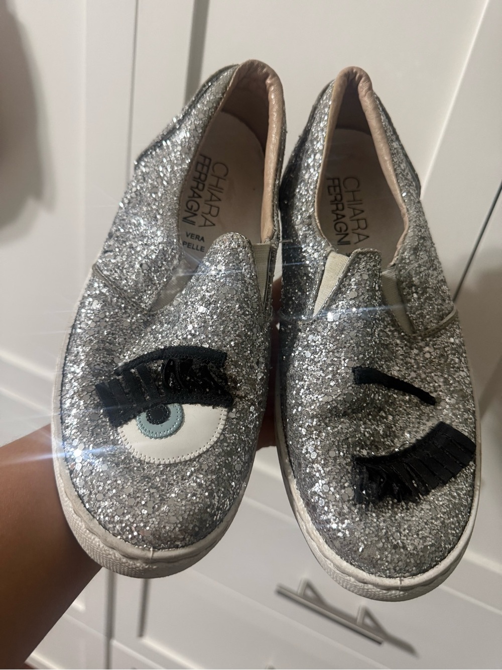 Chiara Ferragni Kids Silver Glitter Slip-On Sneakers with Eye Appliqués